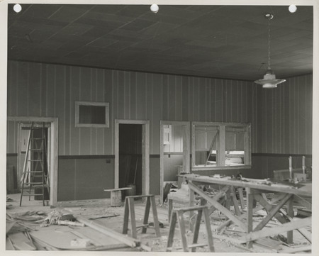 Photograph of interior construction of the town hall in West Branch