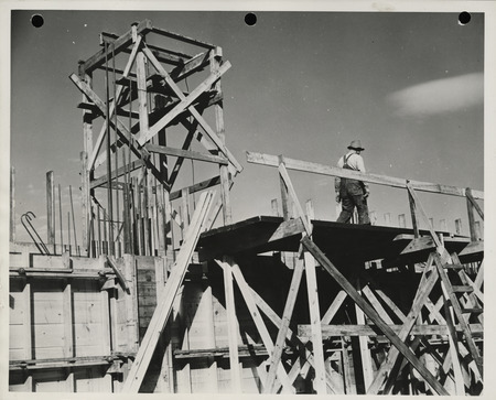Photograph of a person constructing the city maintenance and equipment garage in Muscatine