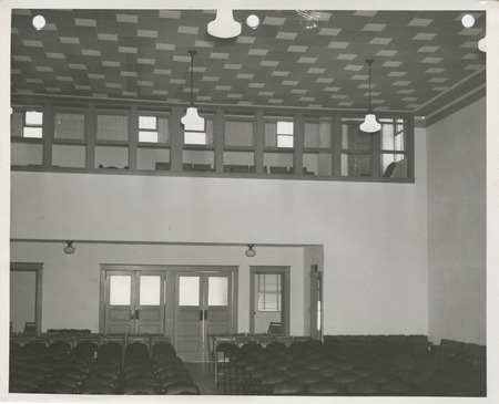 Photograph of the interior of the town hall in Wall Lake