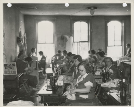 Photograph of people in a county sewing room in Centerville
