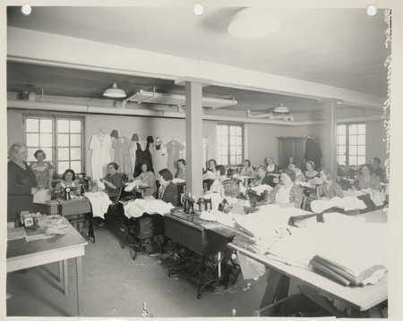 Photograph of women sewing in the sewing room of the Roosevelt School in Council Bluffs