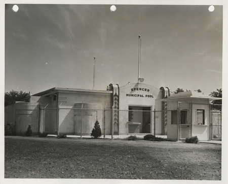 Photograph of the exterior view of the municipal swimming pool in Spencer
