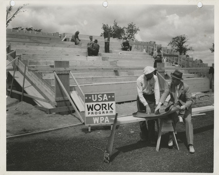 Photograph of bleachers under construction at the A.L. High School in Council Bluffs