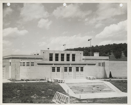 Photograph of the exterior view of the municipal swimming pool in Decorah